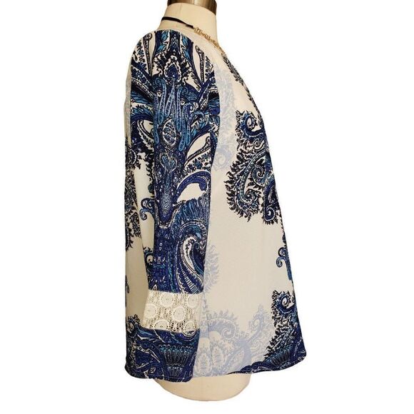 Women's Tunic Lg Lace V-Neck 3/4 Sleeve  Blouse Blue Paisley Top Large NWOT - Picture 5 of 7
